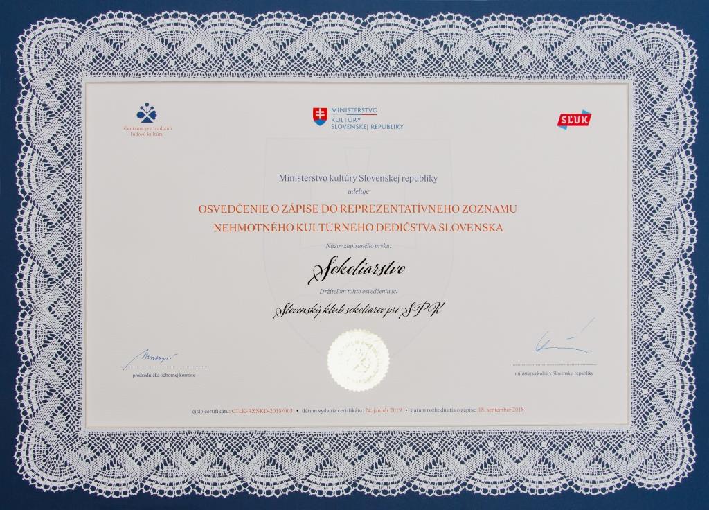 Osvedčenie o zápise do reprezentatívneho zoznamu nehmotného kultúrneho dedičstva Slovenska